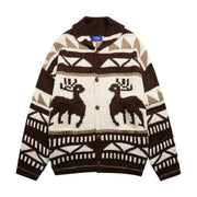 Retro Elk Jacquard Small Lapel Knit Cardigan Loose Lazy Couple Sweater