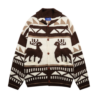 Retro Elk Jacquard Small Lapel Knit Cardigan Loose Lazy Couple Sweater