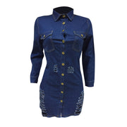 Women Sexy Holes Jeans Dress Buttons Up Turn Down Collar Long Sleeve Denim Mini Night Club Party Dresses