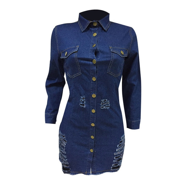 Women Sexy Holes Jeans Dress Buttons Up Turn Down Collar Long Sleeve Denim Mini Night Club Party Dresses