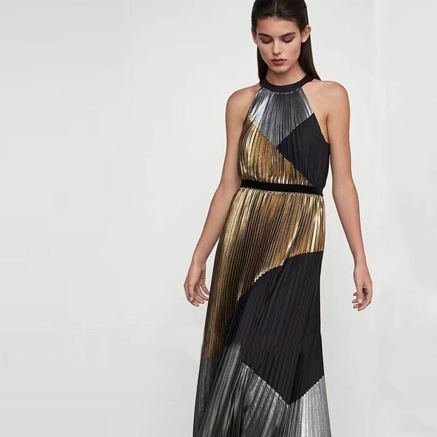 Fashion Women Pleated Long Dress Halter Stipend Sleeveless Party Night Birthday Stylish Dresses