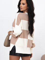 Autumn and Winter Loose Drop Shoulder Knit Sweater Women's Fashion Checkerboard Color Block Round Neck Sweater