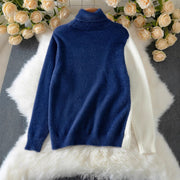 Button Design Contrast Color Long Sleeve Knit Sweater Women Loose Casual Turn-Down Collar Sweater