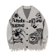 American Street Spider Pattern Button Cardigan Knit Sweater Loose Unisex Coat Warm