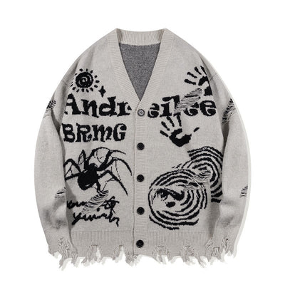 American Street Spider Pattern Button Cardigan Knit Sweater Loose Unisex Coat Warm
