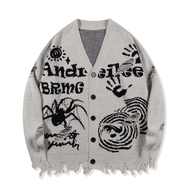 American Street Spider Pattern Button Cardigan Knit Sweater Loose Unisex Coat Warm