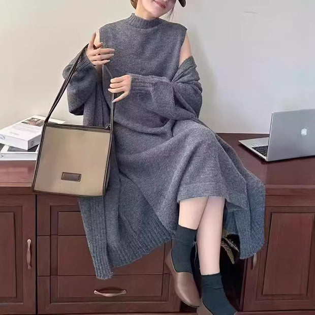 Lazy style long vest dress knitted cardigan set autumn and winter thick temperament versatile sweater jacket
