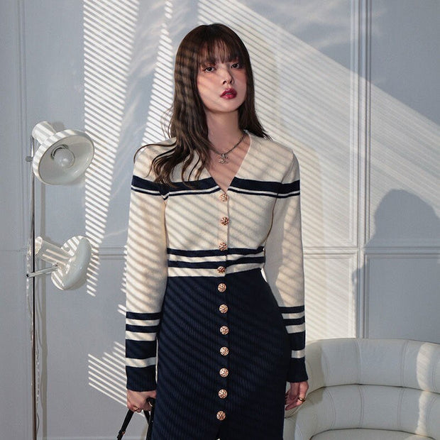 Women Black And White Single Breasted V-Neck Knitting Mini Dress Slimy Bodycon Party Night Sweater Dresses