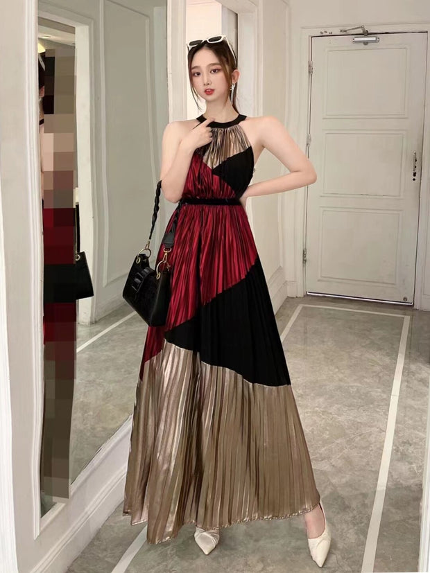 Fashion Women Pleated Long Dress Halter Stipend Sleeveless Party Night Birthday Stylish Dresses