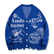 American Street Spider Pattern Button Cardigan Knit Sweater Loose Unisex Coat Warm