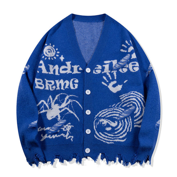 American Street Spider Pattern Button Cardigan Knit Sweater Loose Unisex Coat Warm