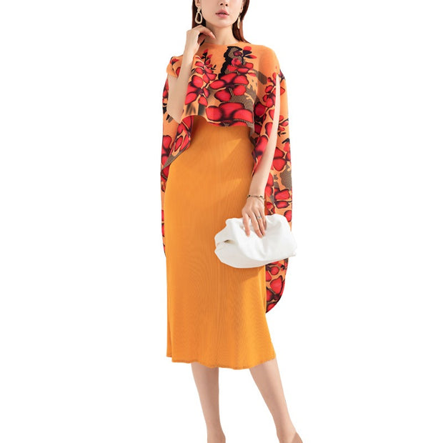 Pleated fashionable suit with slim dress + printed shawl jacket two-piece set