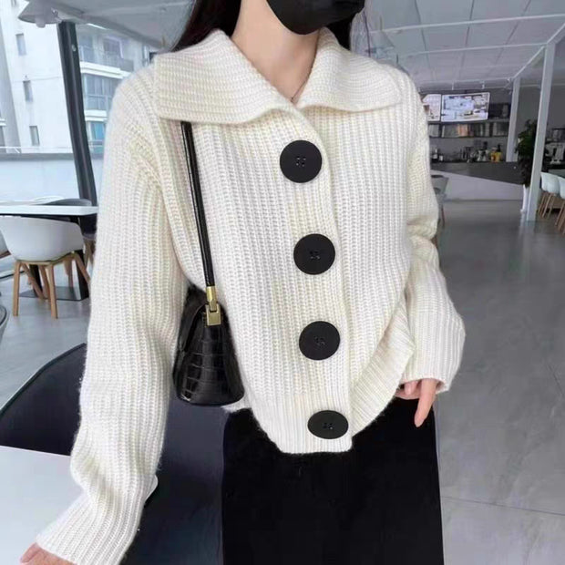 Polo Collar Knitted Cardigan Women's Style High-Grade Casual Short Sweater Jacket