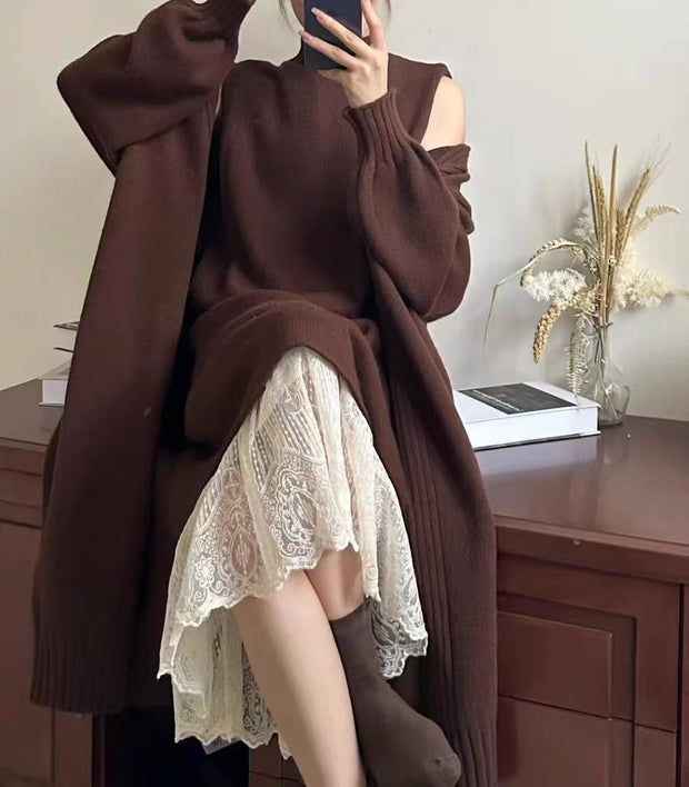 Lazy style long vest dress knitted cardigan set autumn and winter thick temperament versatile sweater jacket