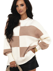 Autumn and Winter Loose Drop Shoulder Knit Sweater Women's Fashion Checkerboard Color Block Round Neck Sweater