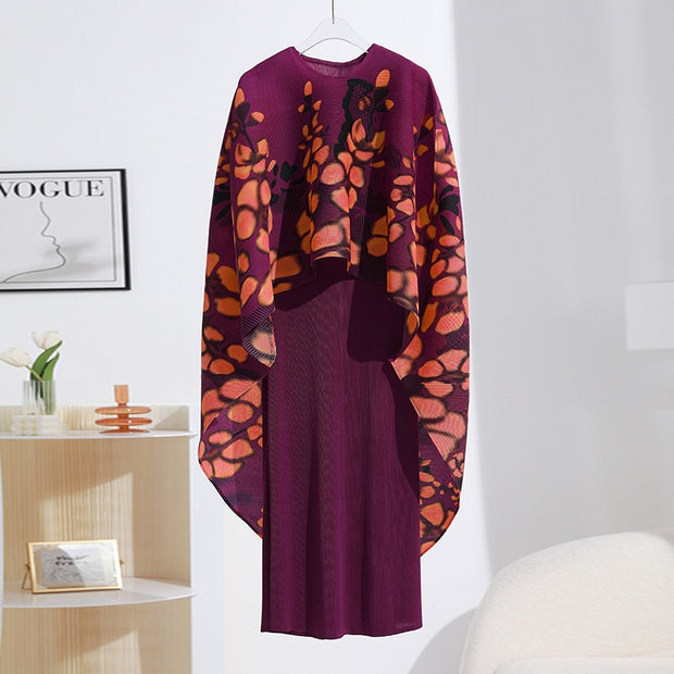 Pleated fashionable suit with slim dress + printed shawl jacket two-piece set