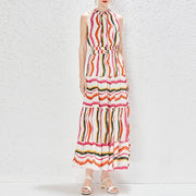 Rainbow Striped Summer Dress High Waist Casual Sleeveless Vintage Elegant A-Line O-Neck Party Night Maxi Dresses Robe Femme