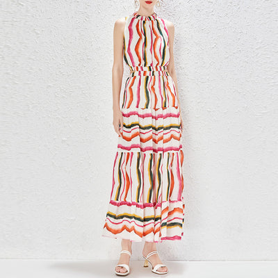 Rainbow Striped Summer Dress High Waist Casual Sleeveless Vintage Elegant A-Line O-Neck Party Night Maxi Dresses Robe Femme