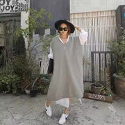 Long vest jacket over knee dress