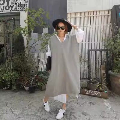 Long vest jacket over knee dress