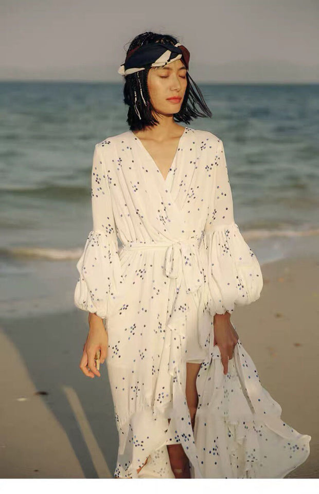 Holiday Floral Printed Ruffles Lantern Sleeve Maxi Dresses For Women Party Night Beach V-Neck Sashes Dress