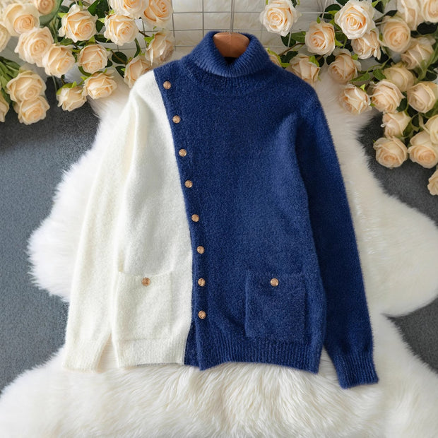 Button Design Contrast Color Long Sleeve Knit Sweater Women Loose Casual Turn-Down Collar Sweater