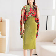 Pleated fashionable suit with slim dress + printed shawl jacket two-piece set
