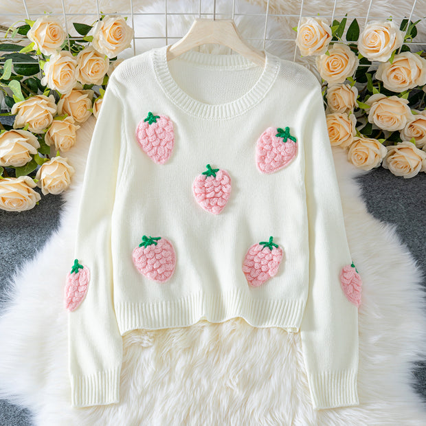 Strawberry Pattern Crew Neck Women's Sweater Elegant Long Sleeve Knitwear