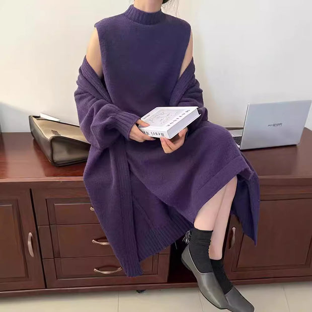 Lazy style long vest dress knitted cardigan set autumn and winter thick temperament versatile sweater jacket
