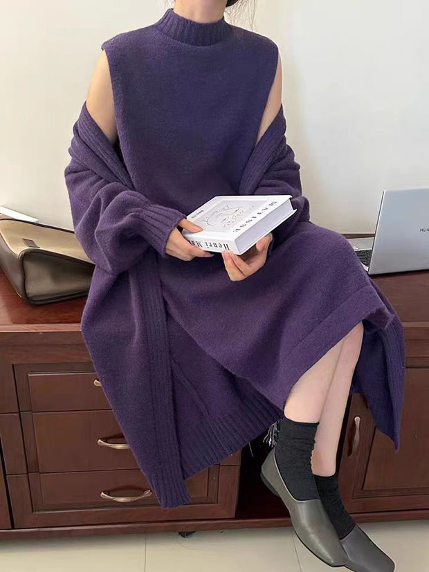 Lazy style long vest dress knitted cardigan set autumn and winter thick temperament versatile sweater jacket