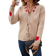Outerwear Spliced Knit Cardigan with Belt and Heart Jacquard for Women