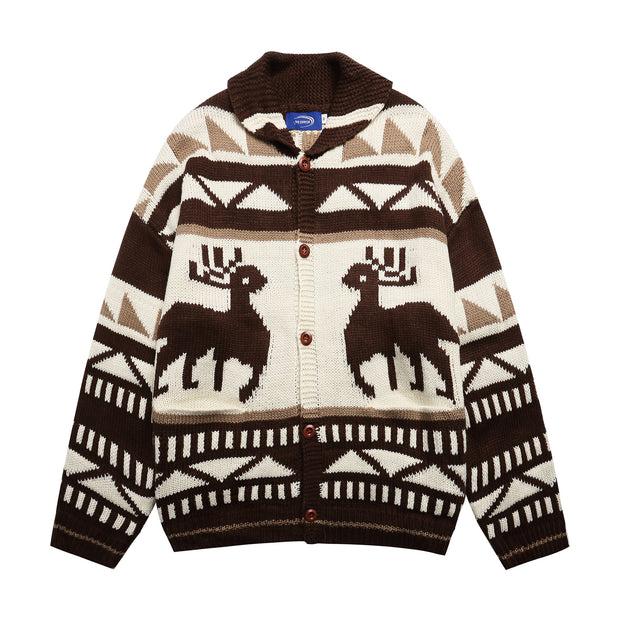 Retro Elk Jacquard Small Lapel Knit Cardigan Loose Lazy Couple Sweater