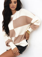 Autumn and Winter Loose Drop Shoulder Knit Sweater Women's Fashion Checkerboard Color Block Round Neck Sweater