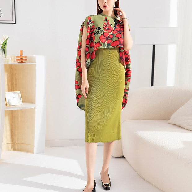 Pleated fashionable suit with slim dress + printed shawl jacket two-piece set