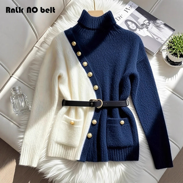 Button Design Contrast Color Long Sleeve Knit Sweater Women Loose Casual Turn-Down Collar Sweater