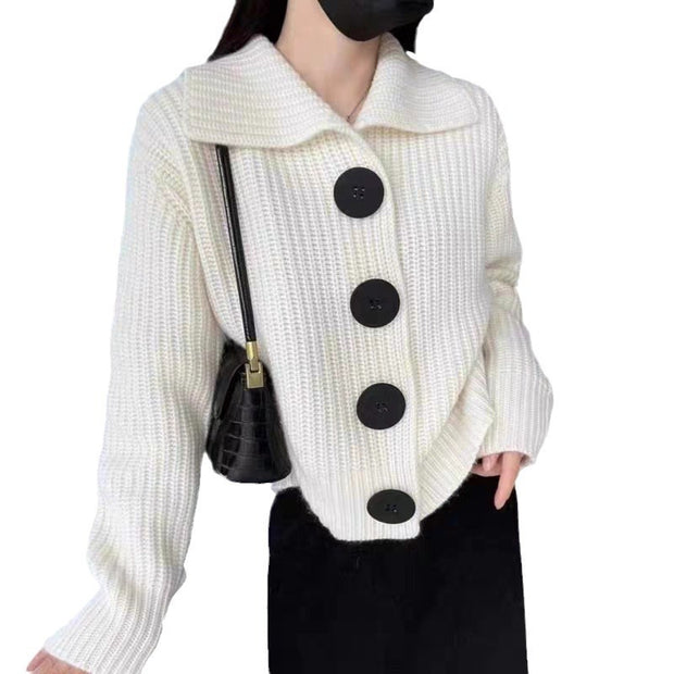 Polo Collar Knitted Cardigan Women's Style High-Grade Casual Short Sweater Jacket