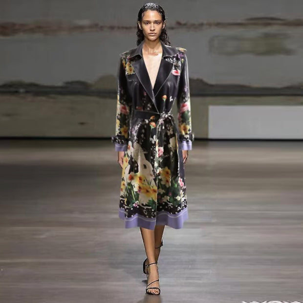 Black Long Trench Coat Spring Autumn New Fashion Design Women Sicily Vintage Flowers Print Elegant Jacket Belt