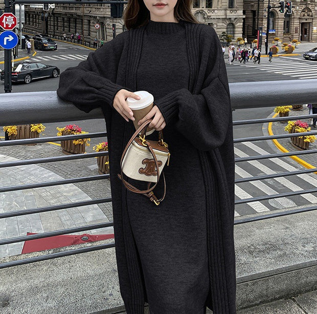 Lazy style long vest dress knitted cardigan set autumn and winter thick temperament versatile sweater jacket