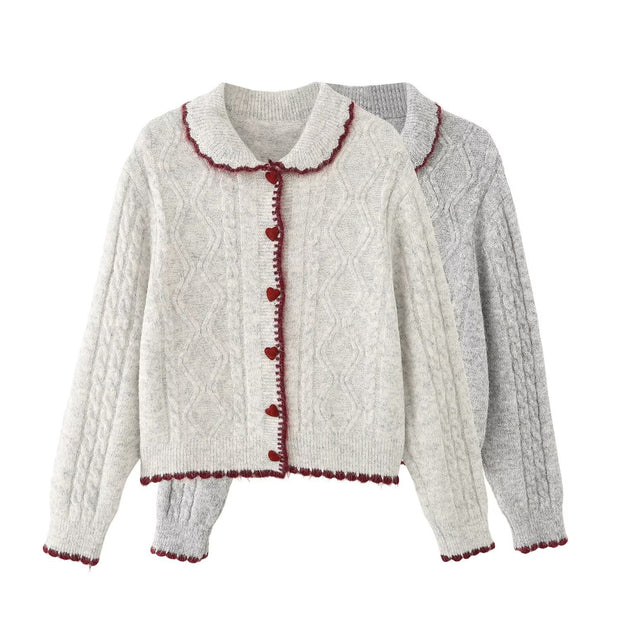 Color blocked border heart button cardigan knit sweater