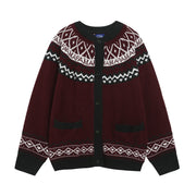 Retro Jacquard Crew Neck Cardigan Sweater Unisex Loose Fit Lazy Style Knitwear Jacket