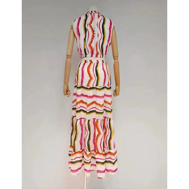 Rainbow Striped Summer Dress High Waist Casual Sleeveless Vintage Elegant A-Line O-Neck Party Night Maxi Dresses Robe Femme