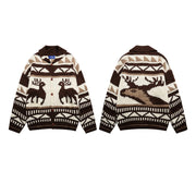 Retro Elk Jacquard Small Lapel Knit Cardigan Loose Lazy Couple Sweater
