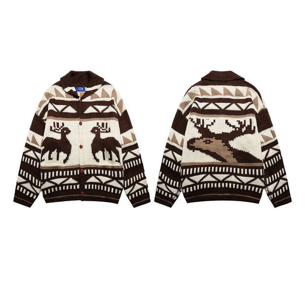 Retro Elk Jacquard Small Lapel Knit Cardigan Loose Lazy Couple Sweater
