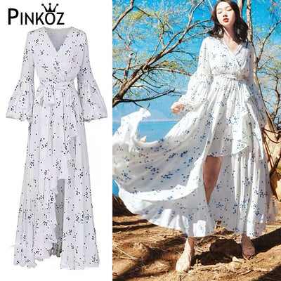Holiday Floral Printed Ruffles Lantern Sleeve Maxi Dresses For Women Party Night Beach V-Neck Sashes Dress