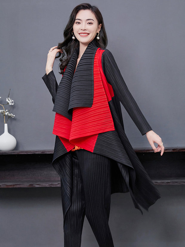 Autumn / Winter Cardigan Pleated Women Models Spell Color Double-layer Collar Long-sleeved Jacket