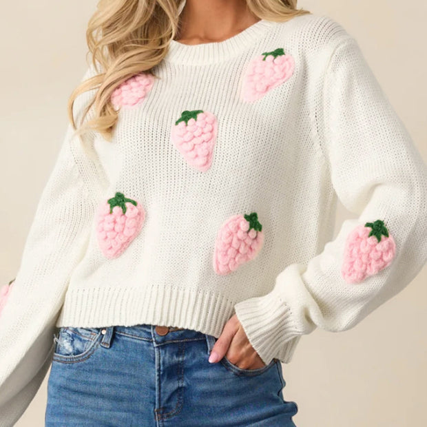 Strawberry Pattern Crew Neck Women's Sweater Elegant Long Sleeve Knitwear