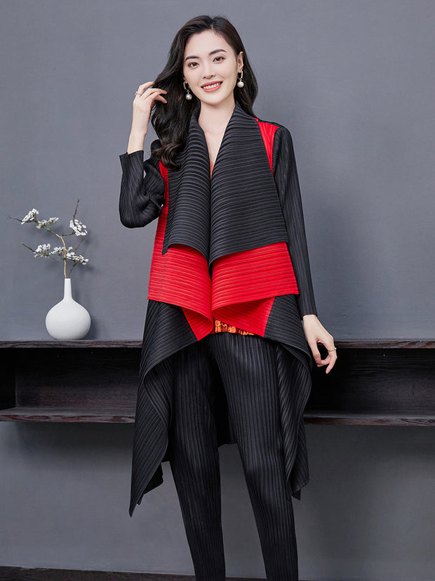 Autumn / Winter Cardigan Pleated Women Models Spell Color Double-layer Collar Long-sleeved Jacket