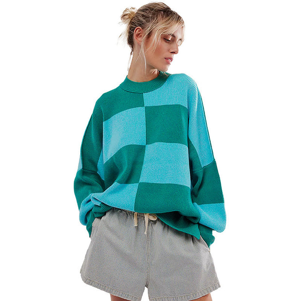 Autumn and Winter Loose Drop Shoulder Knit Sweater Women's Fashion Checkerboard Color Block Round Neck Sweater