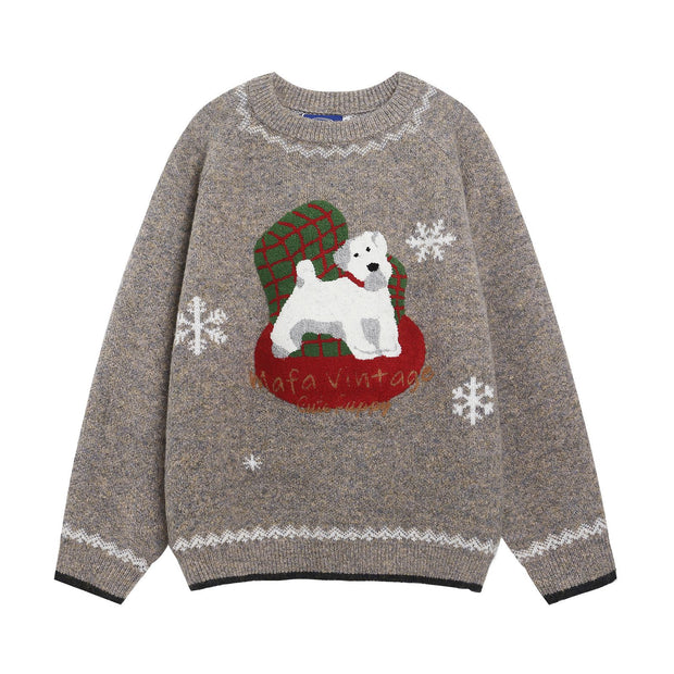 Retro Fun Dog Jacquard Knit Sweater for Men and Women Loose Lazy Couple Pullover Trendy