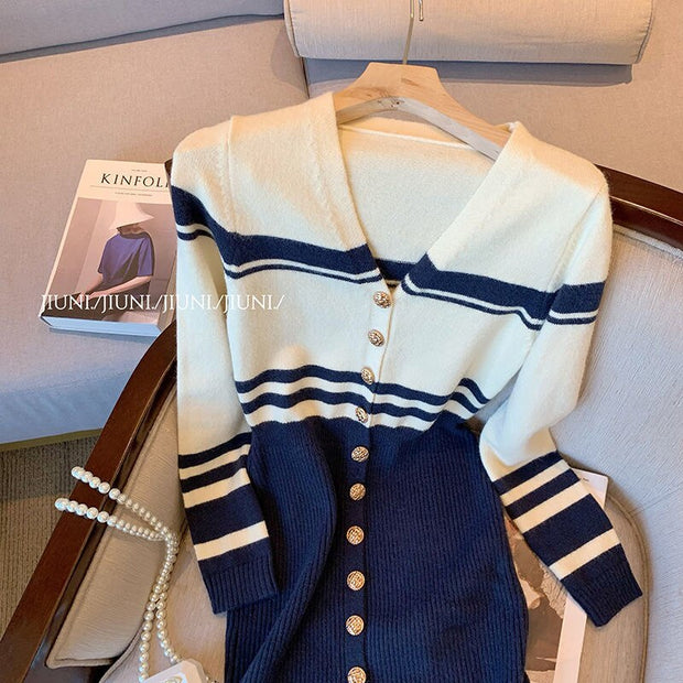 Women Black And White Single Breasted V-Neck Knitting Mini Dress Slimy Bodycon Party Night Sweater Dresses